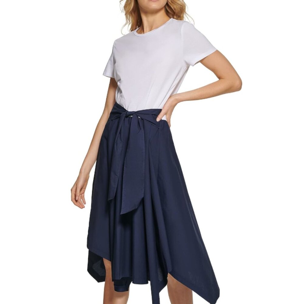 DKNY Women's Mixed-Media Tie-Front Short Sleeve Knit Dress SZ M